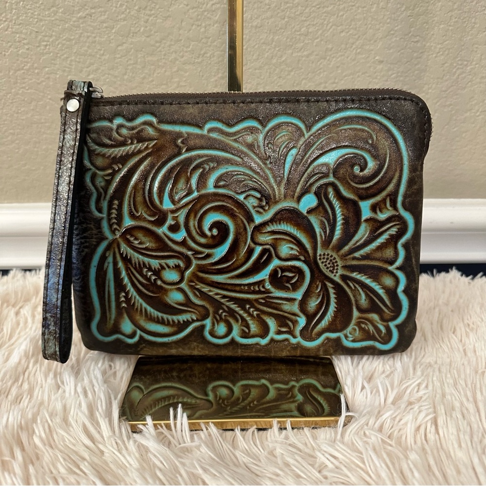 Patricia Nash Brown and Teal Embossed Leather Wristlet